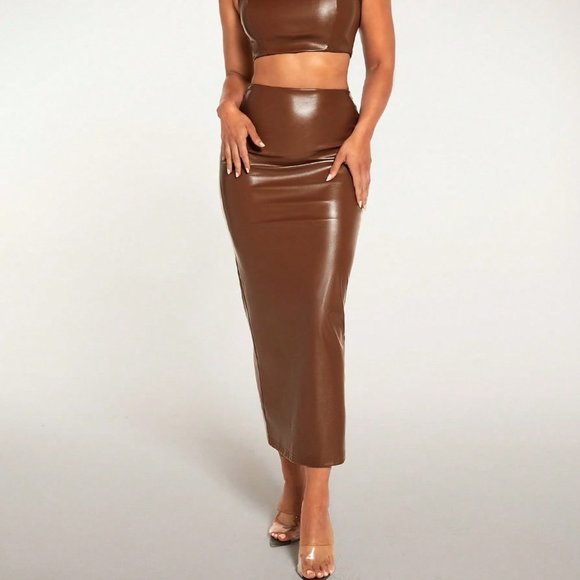 . Dresses & Skirts - Coffee Brown Preppy Womens High Waist PU Leather Pencil Skirt